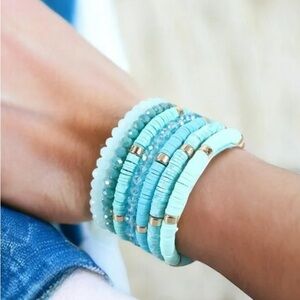 Aqua Beaded And Crystal Stretch Friendship Bracelets